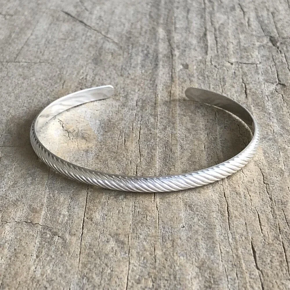 Brushed Sterling Silver Twist Pattern Open Cuff Bangle Bracelet w/Satin Finish